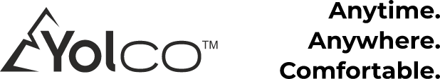 Logo marki Yolco w ciemnym kolorze, napis Yolco TM z geometryczną ikoną i napisy obok: Anytime. Anywhere. Comfortable.